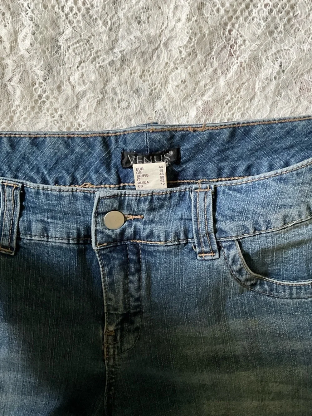 Venus Upcycled Crochet Lace Distressed Denim Shorts Size 12